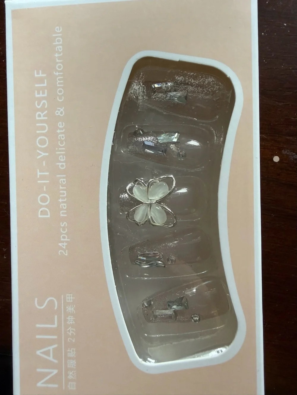 Crystal Accent Clear Press-On Nails with White Floral Detail
